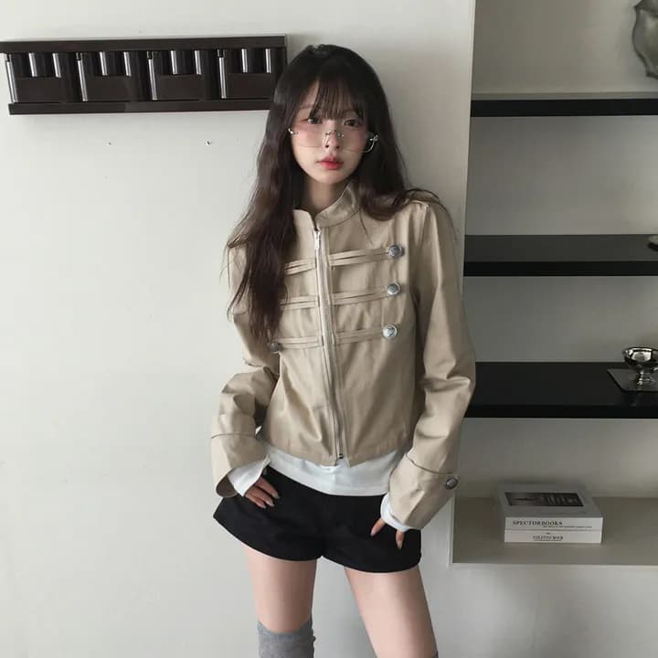있음 선적 chic 가을 겨울 패션 새로운 레트로 스탠드 칼라 개성 단추 지퍼 짧은 외투 상세 이미지 26