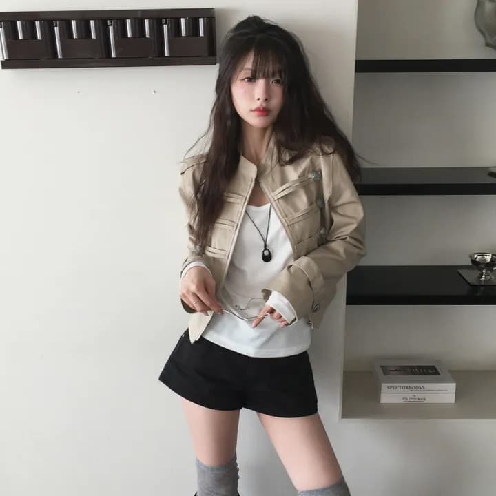 있음 선적 chic 가을 겨울 패션 새로운 레트로 스탠드 칼라 개성 단추 지퍼 짧은 외투 상세 이미지 27