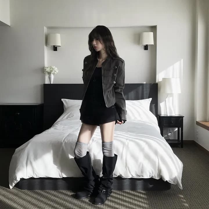 있음 선적 chic 가을 겨울 패션 새로운 레트로 스탠드 칼라 개성 단추 지퍼 짧은 외투 상세 이미지 29