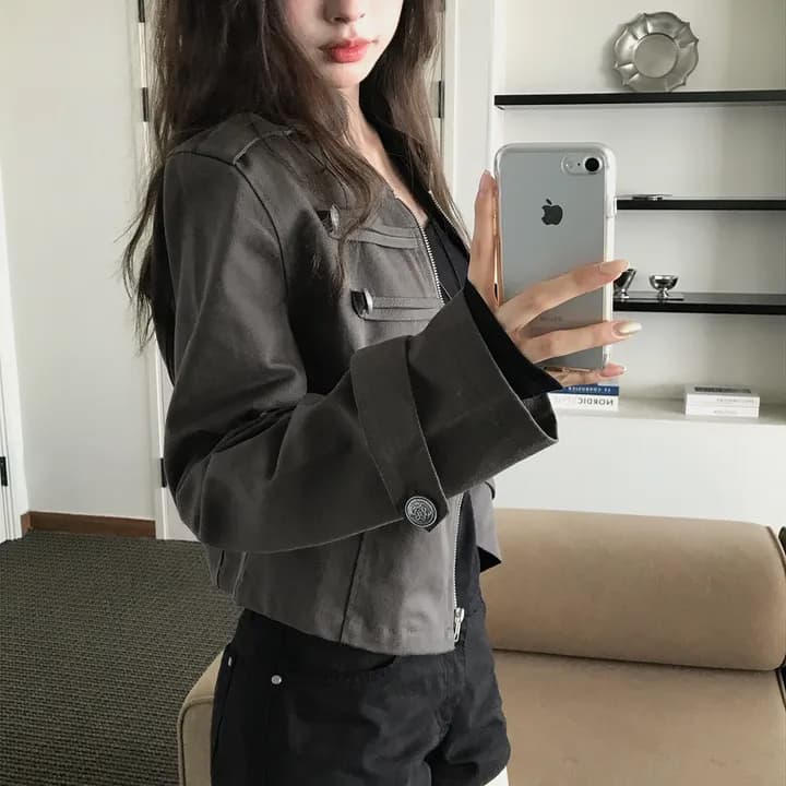있음 선적 chic 가을 겨울 패션 새로운 레트로 스탠드 칼라 개성 단추 지퍼 짧은 외투 상세 이미지 38