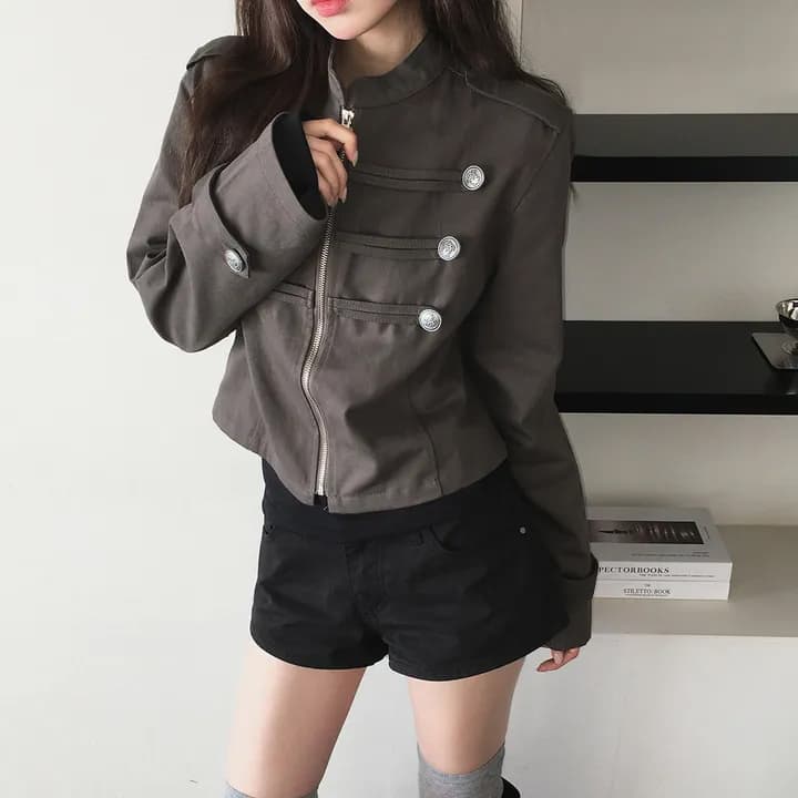 있음 선적 chic 가을 겨울 패션 새로운 레트로 스탠드 칼라 개성 단추 지퍼 짧은 외투 상세 이미지 39