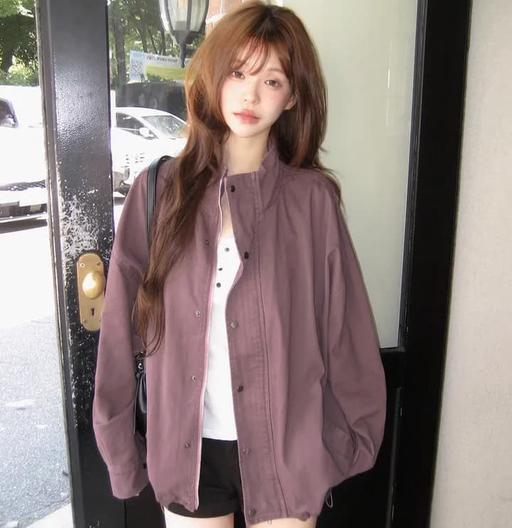 chic 가을 루즈핏 가을 어깨 펌프 로프 레트로 마 오래된 스탠드 칼라 워크웨어 재킷 이미지 2