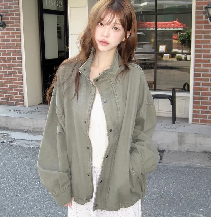 chic 가을 루즈핏 가을 어깨 펌프 로프 레트로 마 오래된 스탠드 칼라 워크웨어 재킷 이미지 4