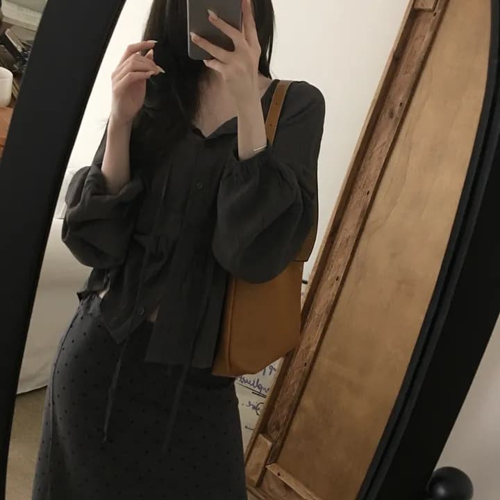 있음 선적 한국 스타일 디자인 센스 레이스업 긴팔 여성 셔츠 이미지 3