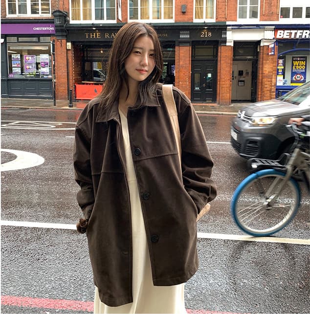 있음 선적 chic 한국 레트로 아름다움 라드. 루즈핏 스트레이트 스웨이드 원단 재킷 재킷