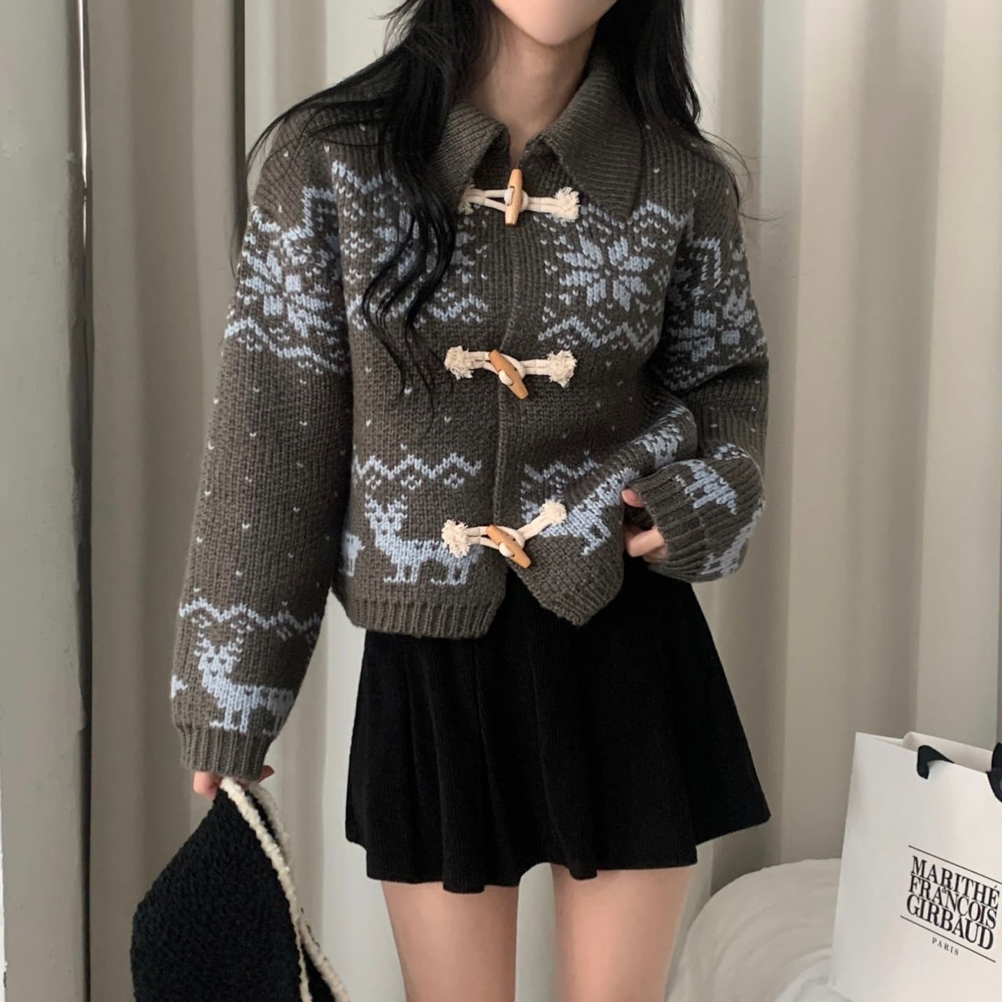 재고 상품 ins 한국 동대문 디자인 센스 무거운 작업 자카드 빅 칼라 소뿔 버클 스웨터 카디건 코트 상세 이미지 28