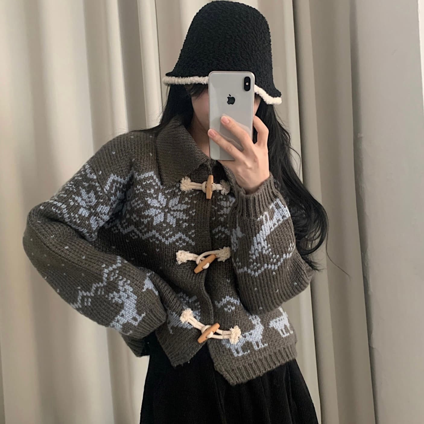 재고 상품 ins 한국 동대문 디자인 센스 무거운 작업 자카드 빅 칼라 소뿔 버클 스웨터 카디건 코트 상세 이미지 32