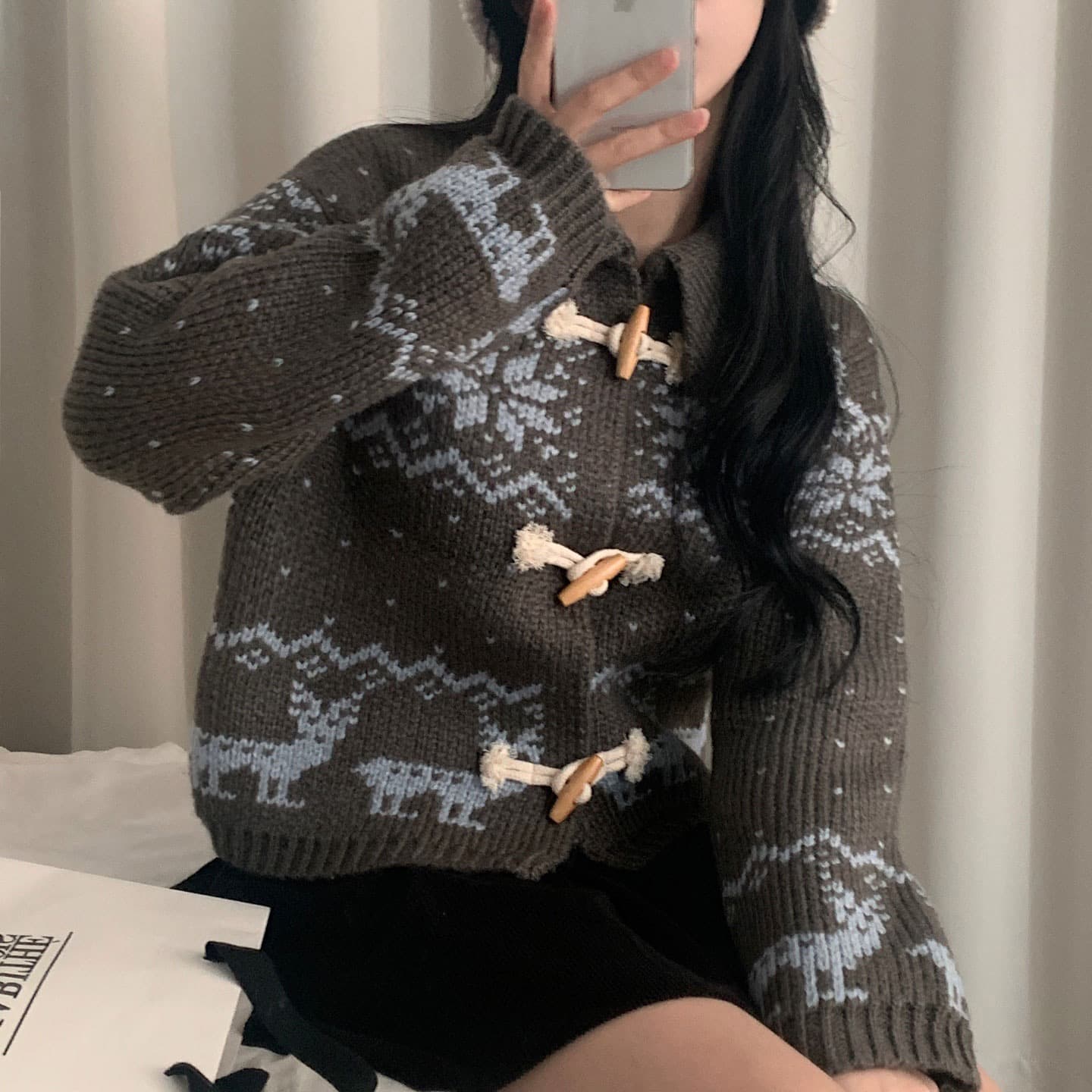 재고 상품 ins 한국 동대문 디자인 센스 무거운 작업 자카드 빅 칼라 소뿔 버클 스웨터 카디건 코트 상세 이미지 33