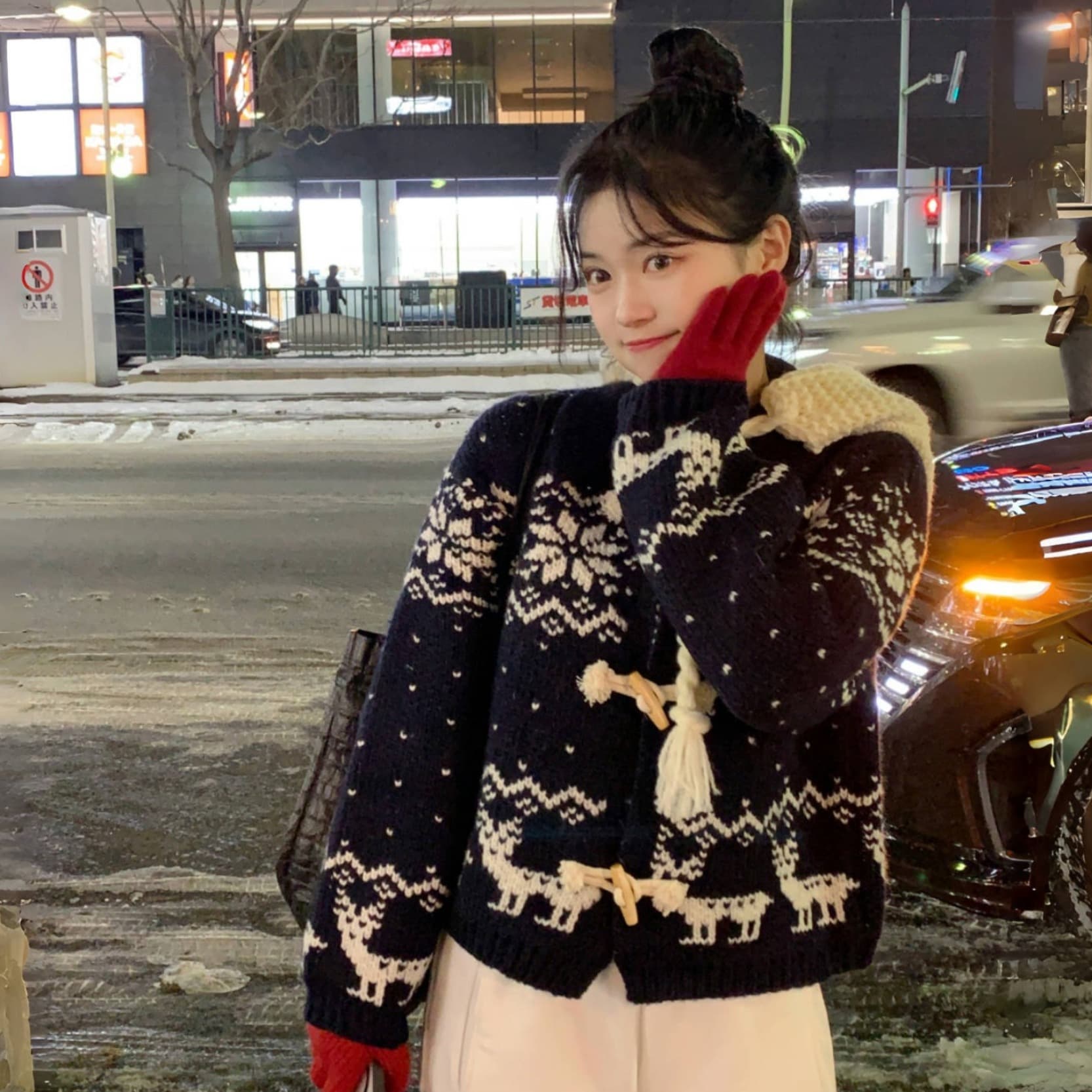 한국 학원 스타일 연령 감소 소뿔 버클 배색 자카드 두꺼운 보온 카디건 코트 스웨터 이미지 3