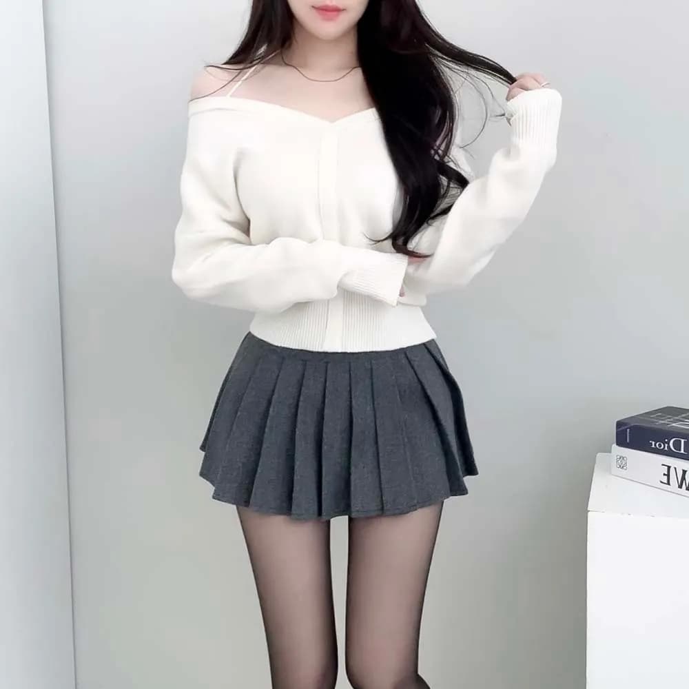 chic 한국 작은 대중 디자인 센스 미니멀리즘 V넥 빛 요리 한 다용도 행침 목 둘 착용 오프숄더 니트 스웨터 여성