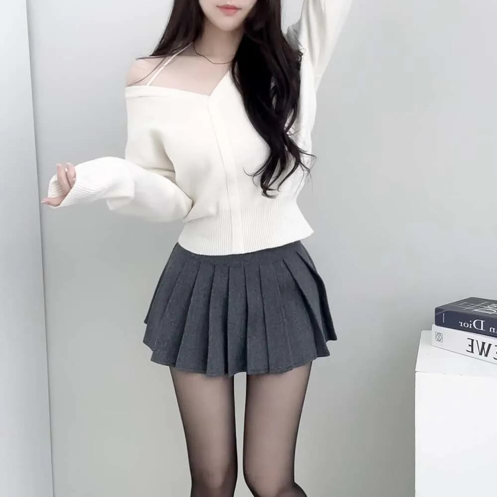 chic 한국 작은 대중 디자인 센스 미니멀리즘 V넥 빛 요리 한 다용도 행침 목 둘 착용 오프숄더 니트 스웨터 여성 상세 이미지 3