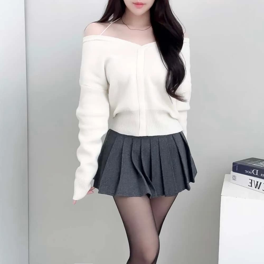 chic 한국 작은 대중 디자인 센스 미니멀리즘 V넥 빛 요리 한 다용도 행침 목 둘 착용 오프숄더 니트 스웨터 여성 상세 이미지 7