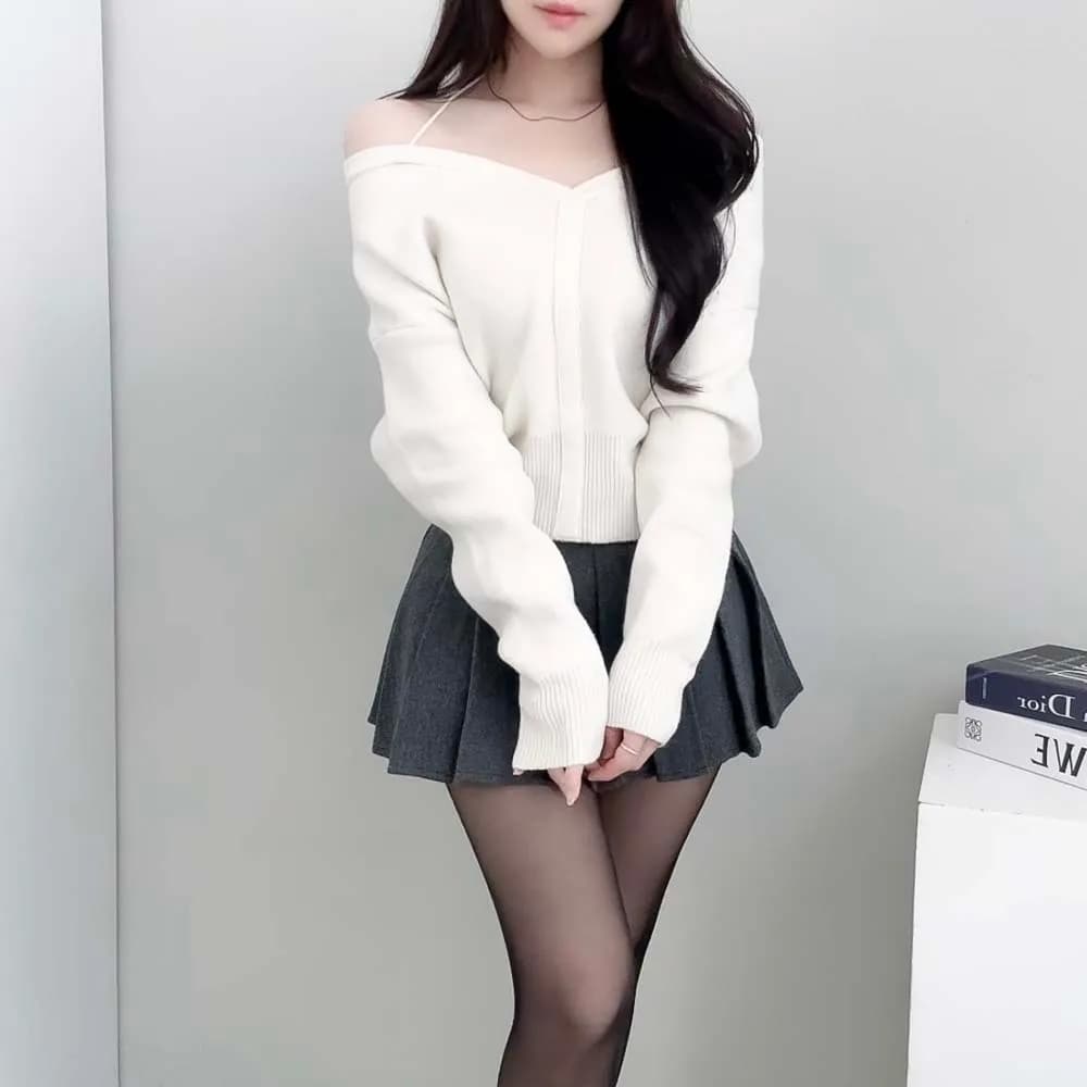 chic 한국 작은 대중 디자인 센스 미니멀리즘 V넥 빛 요리 한 다용도 행침 목 둘 착용 오프숄더 니트 스웨터 여성 상세 이미지 8