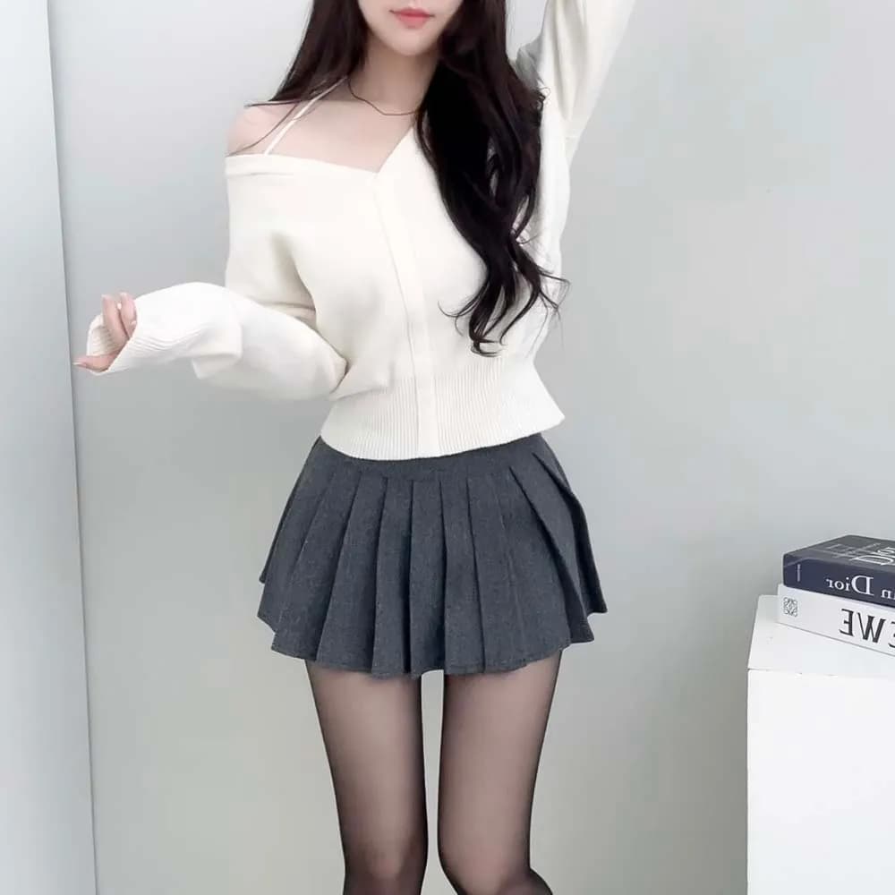 chic 한국 작은 대중 디자인 센스 미니멀리즘 V넥 빛 요리 한 다용도 행침 목 둘 착용 오프숄더 니트 스웨터 여성 상세 이미지 10