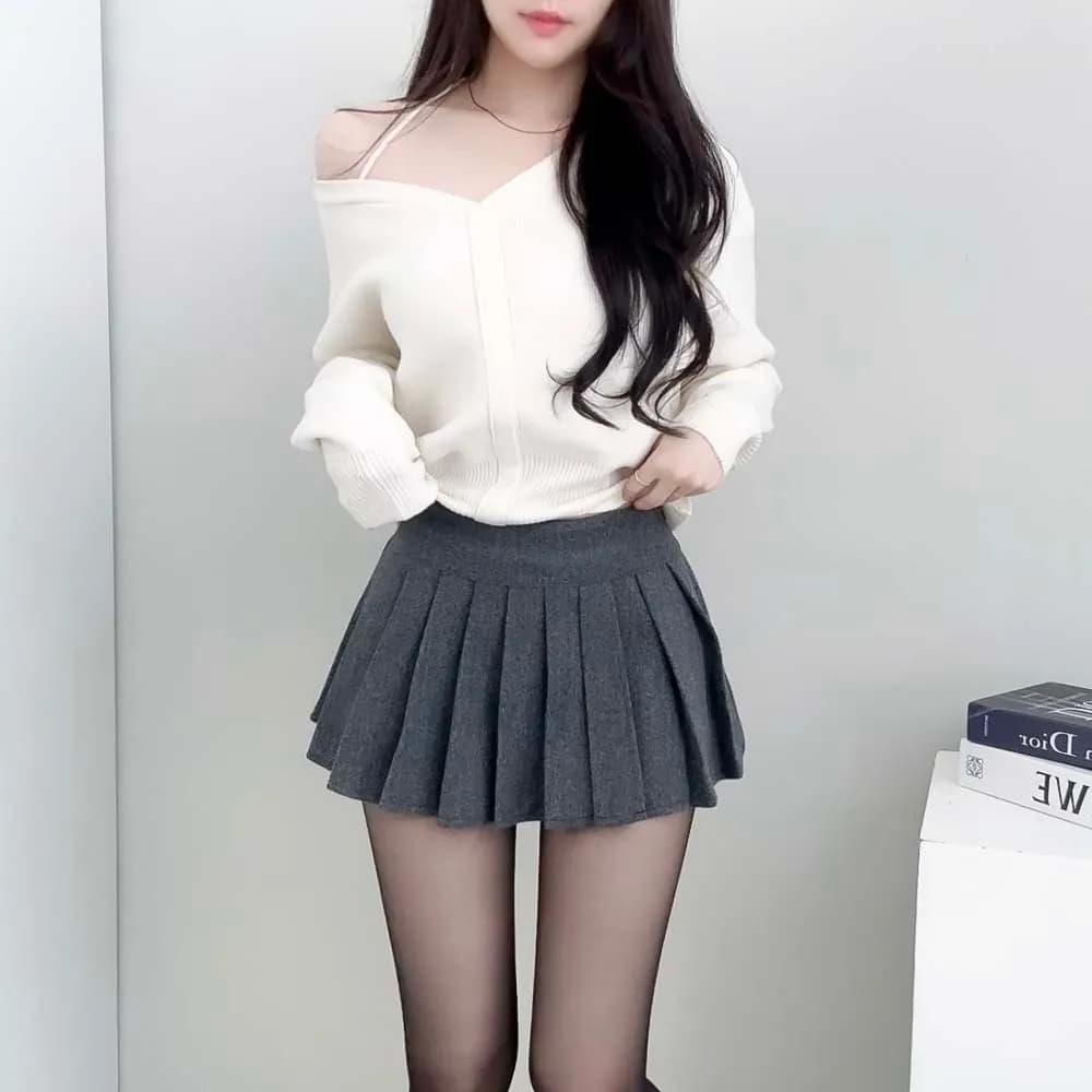 chic 한국 작은 대중 디자인 센스 미니멀리즘 V넥 빛 요리 한 다용도 행침 목 둘 착용 오프숄더 니트 스웨터 여성 상세 이미지 12