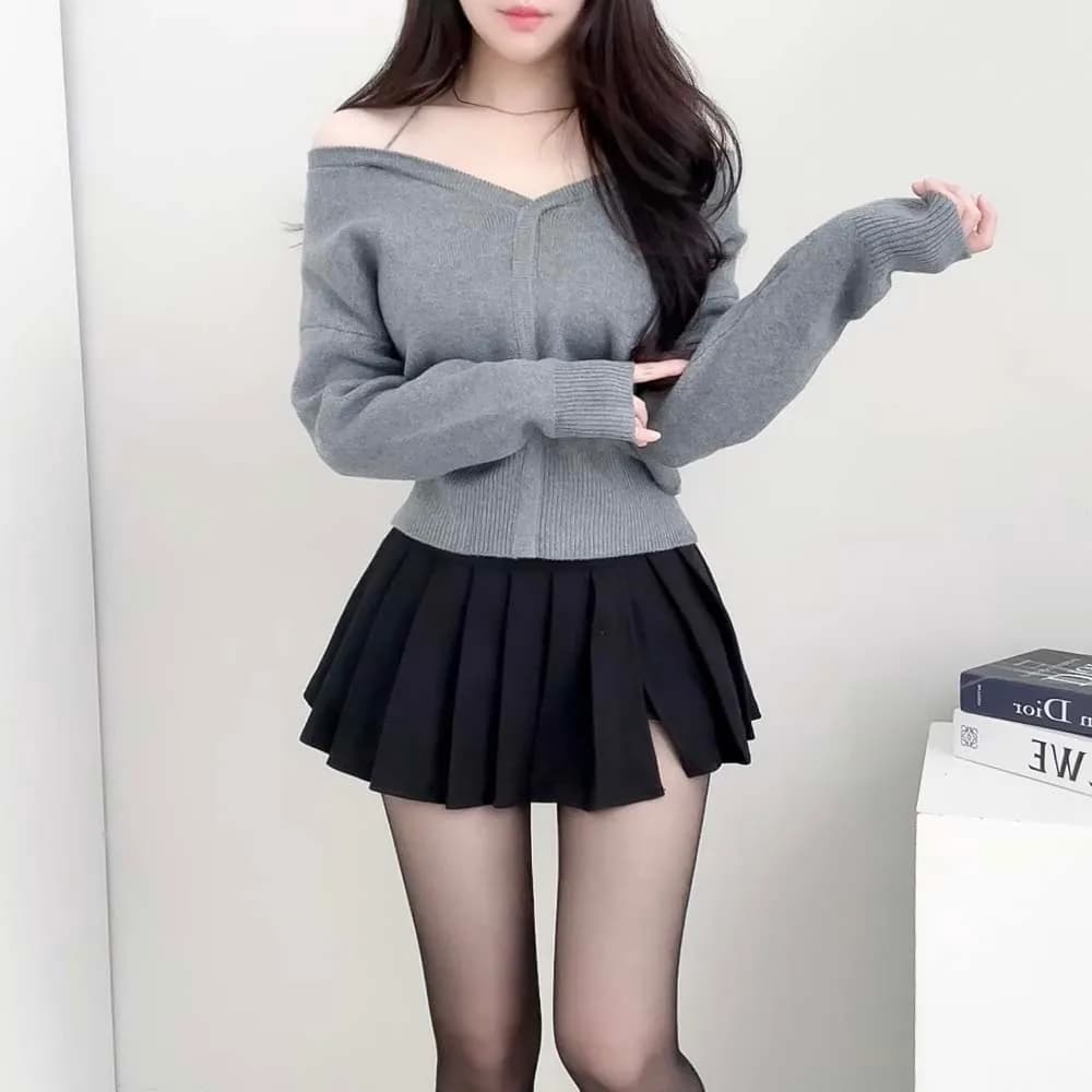 chic 한국 작은 대중 디자인 센스 미니멀리즘 V넥 빛 요리 한 다용도 행침 목 둘 착용 오프숄더 니트 스웨터 여성 상세 이미지 16