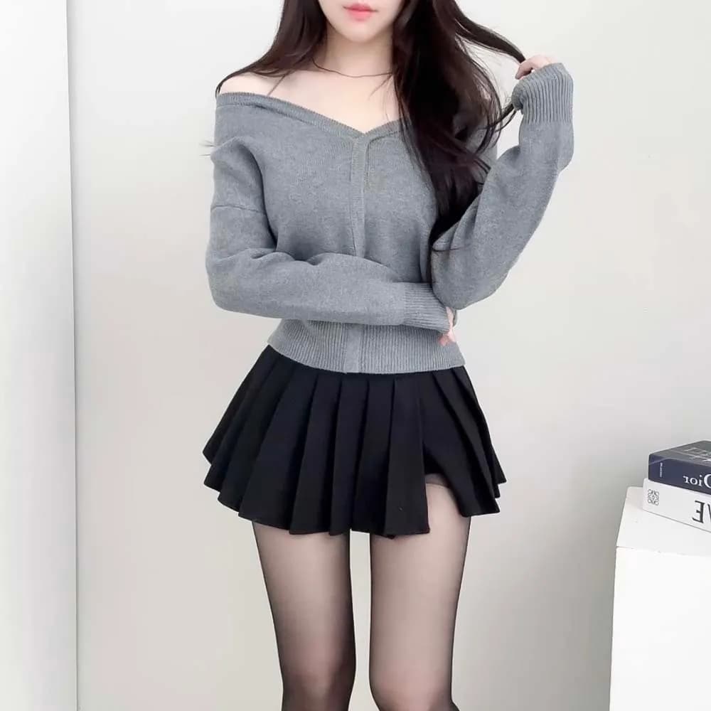 chic 한국 작은 대중 디자인 센스 미니멀리즘 V넥 빛 요리 한 다용도 행침 목 둘 착용 오프숄더 니트 스웨터 여성 상세 이미지 17