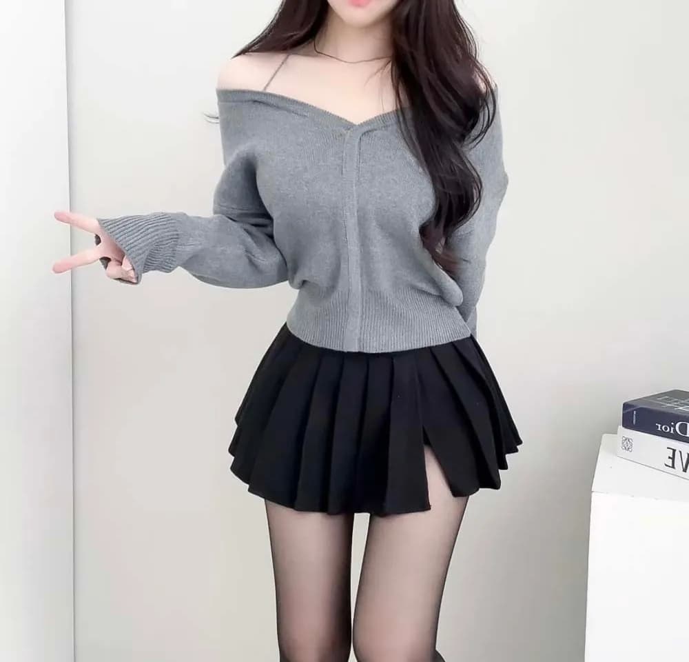 chic 한국 작은 대중 디자인 센스 미니멀리즘 V넥 빛 요리 한 다용도 행침 목 둘 착용 오프숄더 니트 스웨터 여성 상세 이미지 18