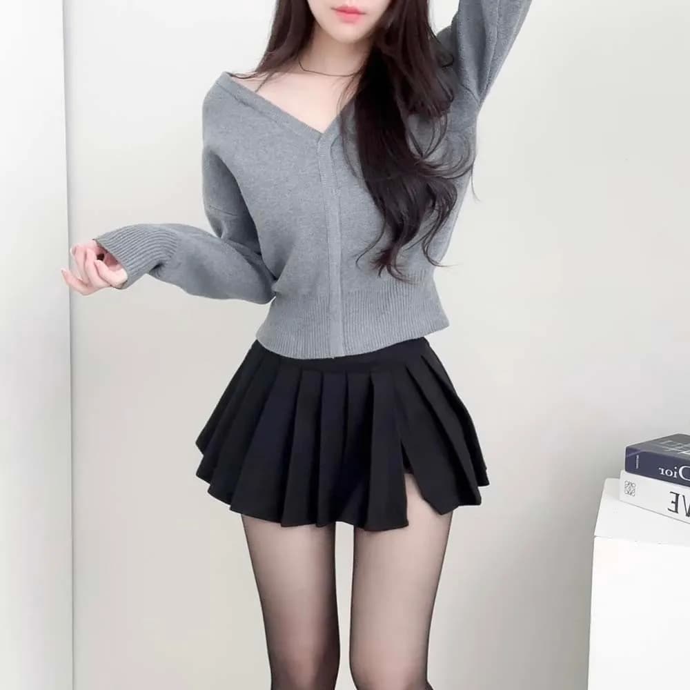 chic 한국 작은 대중 디자인 센스 미니멀리즘 V넥 빛 요리 한 다용도 행침 목 둘 착용 오프숄더 니트 스웨터 여성 상세 이미지 20