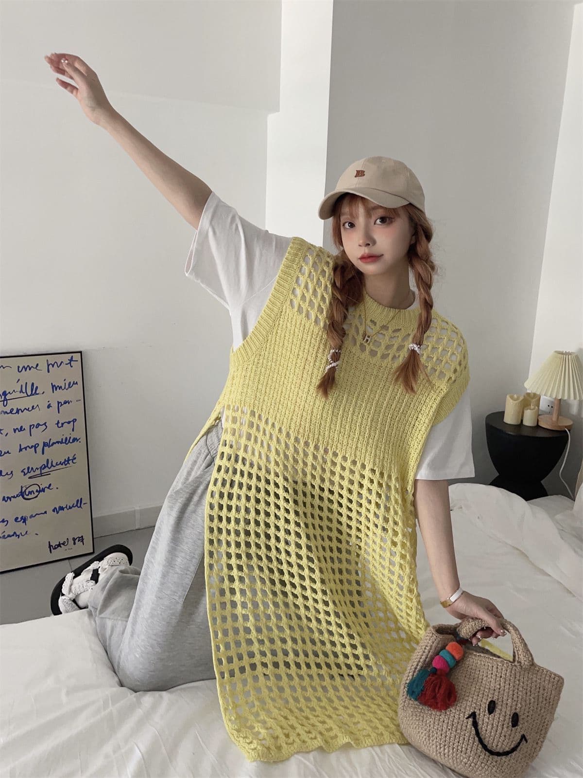 홀로우 아웃 마이크로 지방 소녀 드레스 여름 드레스 빅 사이즈 스택 착용 루즈핏 중간 길이 트임 민소매 조끼 스웨터 드레스 이미지 4