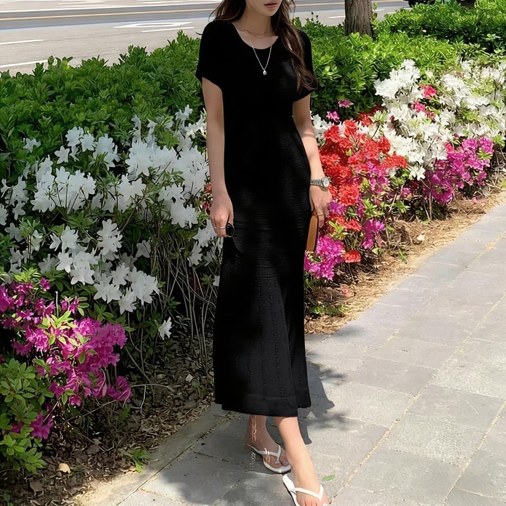 한 부서 chic 부드러운 바람 레트로 자수 홀로우 아웃 니트 반팔 몸매 가꾸기 롱 코트 인어 꼬리 스커트 두 조각 치마 이미지 2