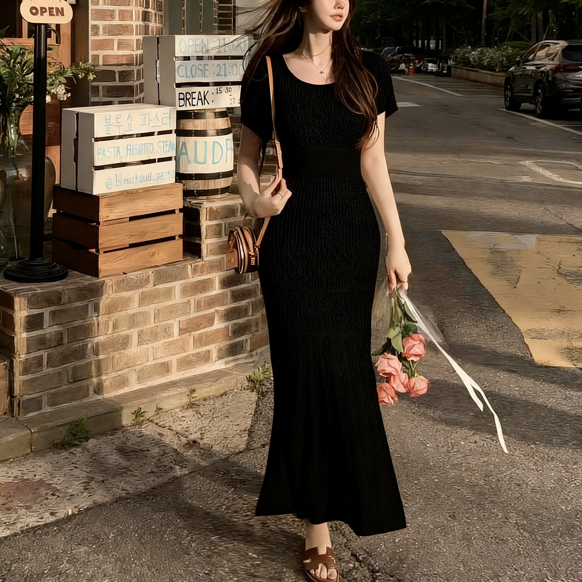 한 부서 chic 부드러운 바람 레트로 자수 홀로우 아웃 니트 반팔 몸매 가꾸기 롱 코트 인어 꼬리 스커트 두 조각 치마