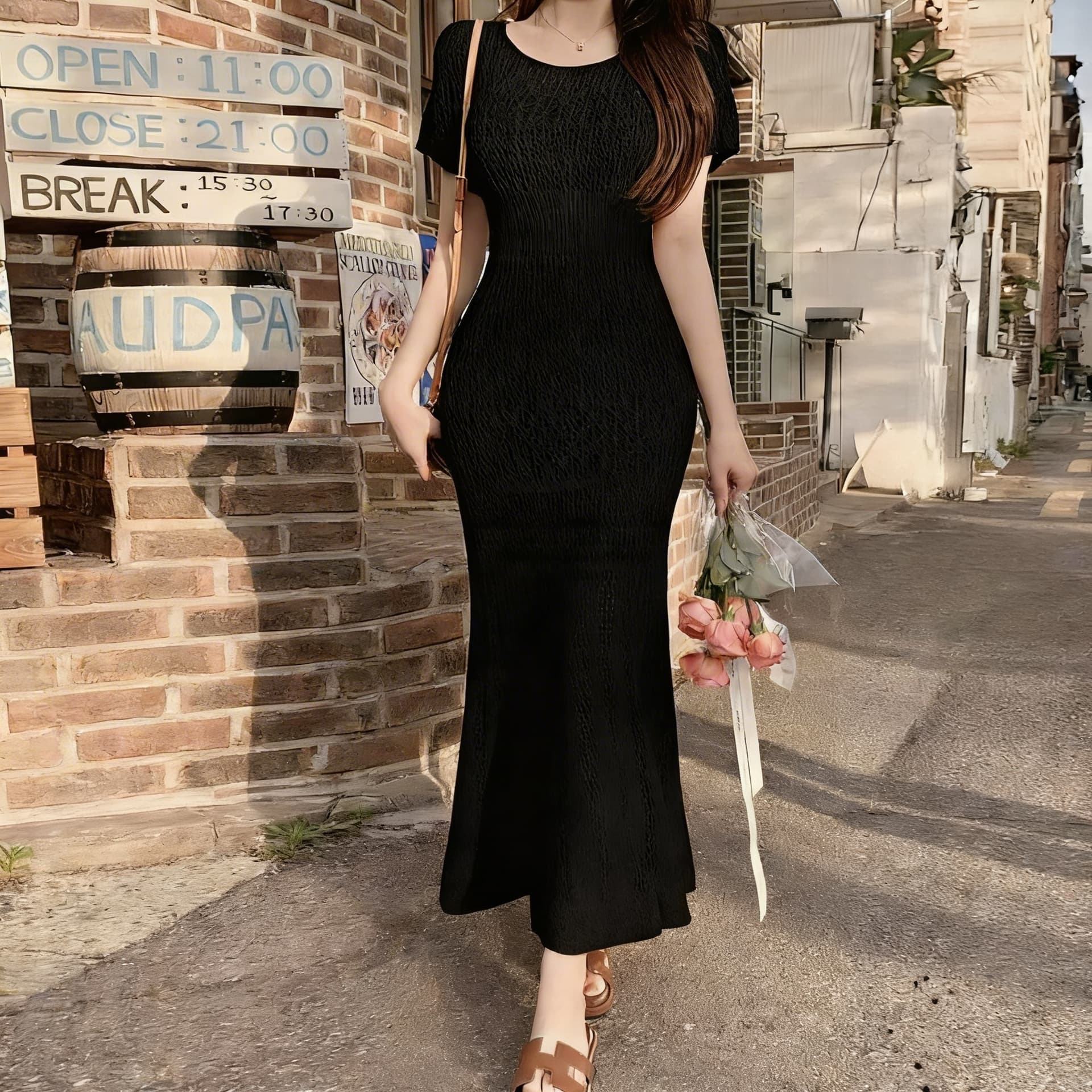 한 부서 chic 부드러운 바람 레트로 자수 홀로우 아웃 니트 반팔 몸매 가꾸기 롱 코트 인어 꼬리 스커트 두 조각 치마 이미지 3