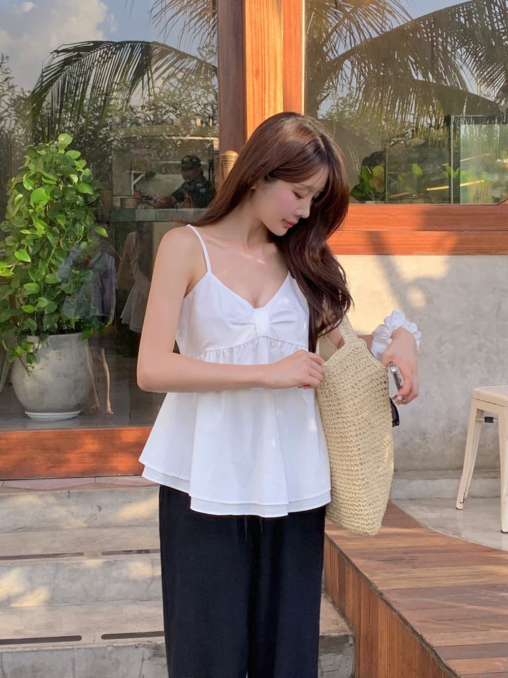 한 부서 ins V넥 캐미솔 여름 외출용 대 몸매 가꾸기 슬림해 보이는 민소매 인형 셔츠 퍼프 맨위 상세 이미지 8