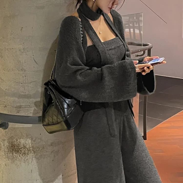 실사 한국 chic 세 조각 세트 가을 겨울 니트 슬립 목도리 롱 코트 오픈 가디건 스웨터 스트레이트 팬츠 세트 이미지 4