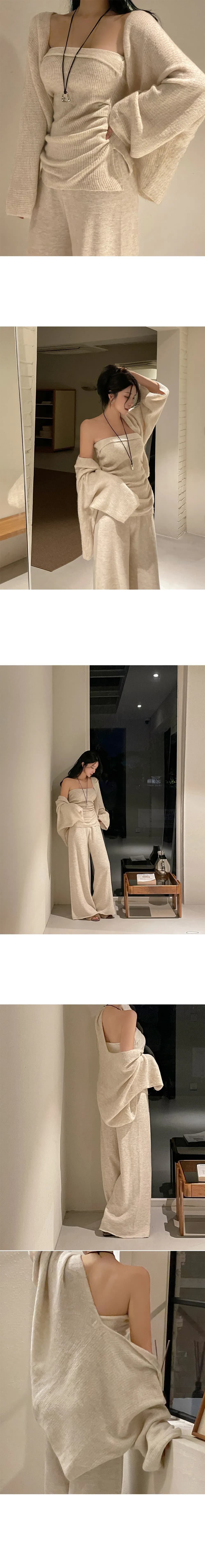 실사 한국 chic 세 조각 세트 가을 겨울 니트 슬립 목도리 롱 코트 오픈 가디건 스웨터 스트레이트 팬츠 세트 상세 이미지 6
