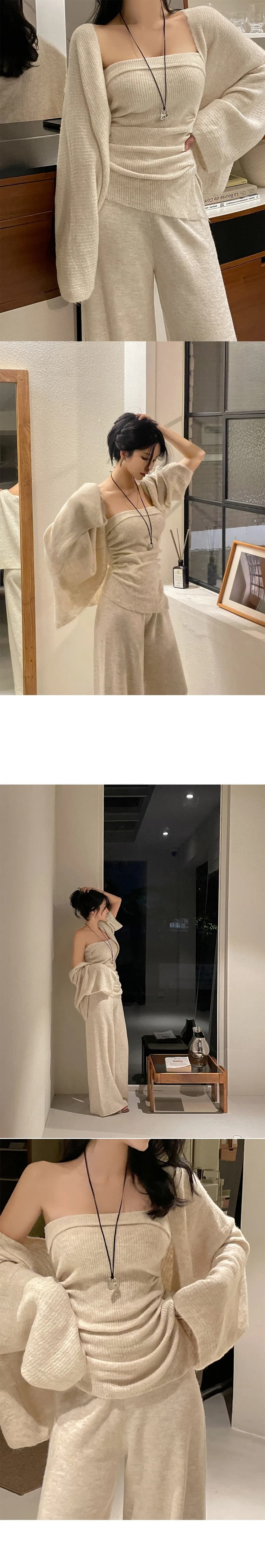 실사 한국 chic 세 조각 세트 가을 겨울 니트 슬립 목도리 롱 코트 오픈 가디건 스웨터 스트레이트 팬츠 세트 상세 이미지 8