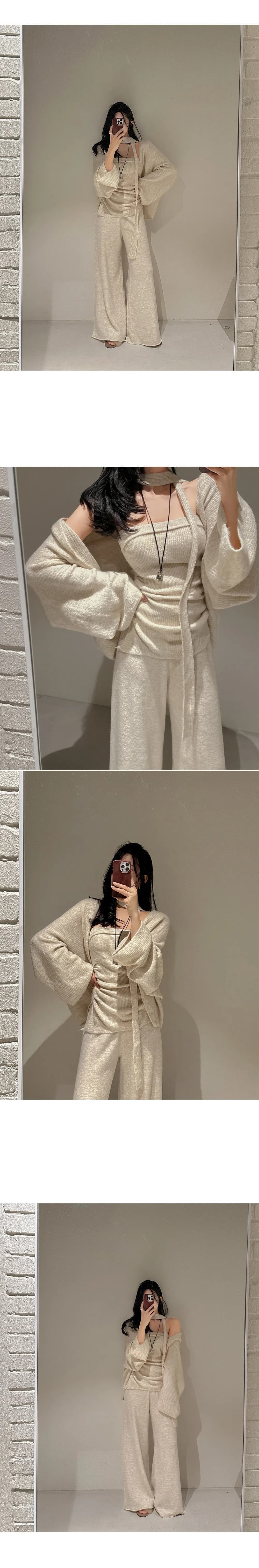 실사 한국 chic 세 조각 세트 가을 겨울 니트 슬립 목도리 롱 코트 오픈 가디건 스웨터 스트레이트 팬츠 세트 상세 이미지 9