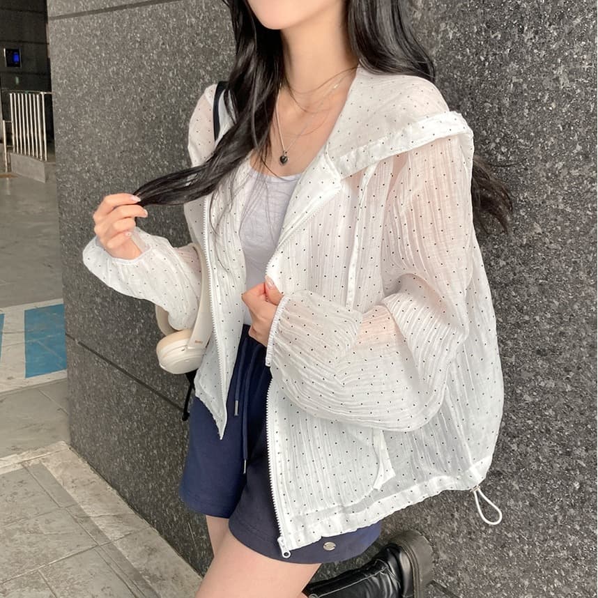 한국 chic 새로운 여름 도트 무늬 밑단 펌프 로프 연령 감소 후드 레이스 차가운 자외선 차단 에어컨 재킷 이미지 5