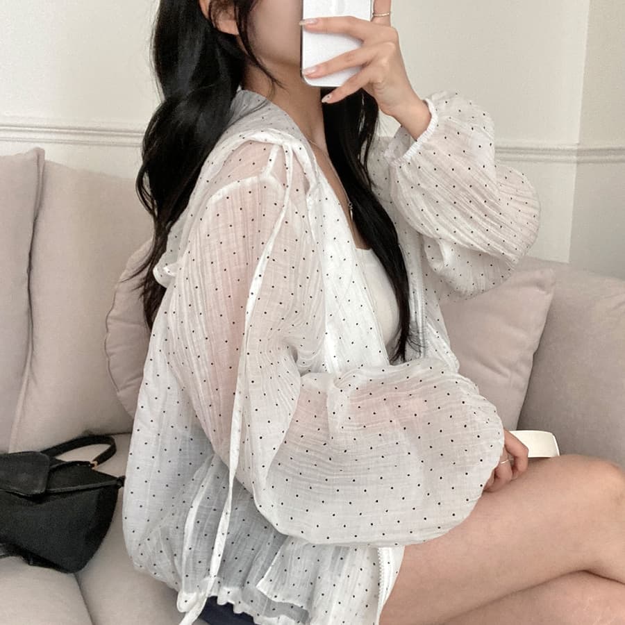 한국 chic 새로운 여름 도트 무늬 밑단 펌프 로프 연령 감소 후드 레이스 차가운 자외선 차단 에어컨 재킷 상세 이미지 20