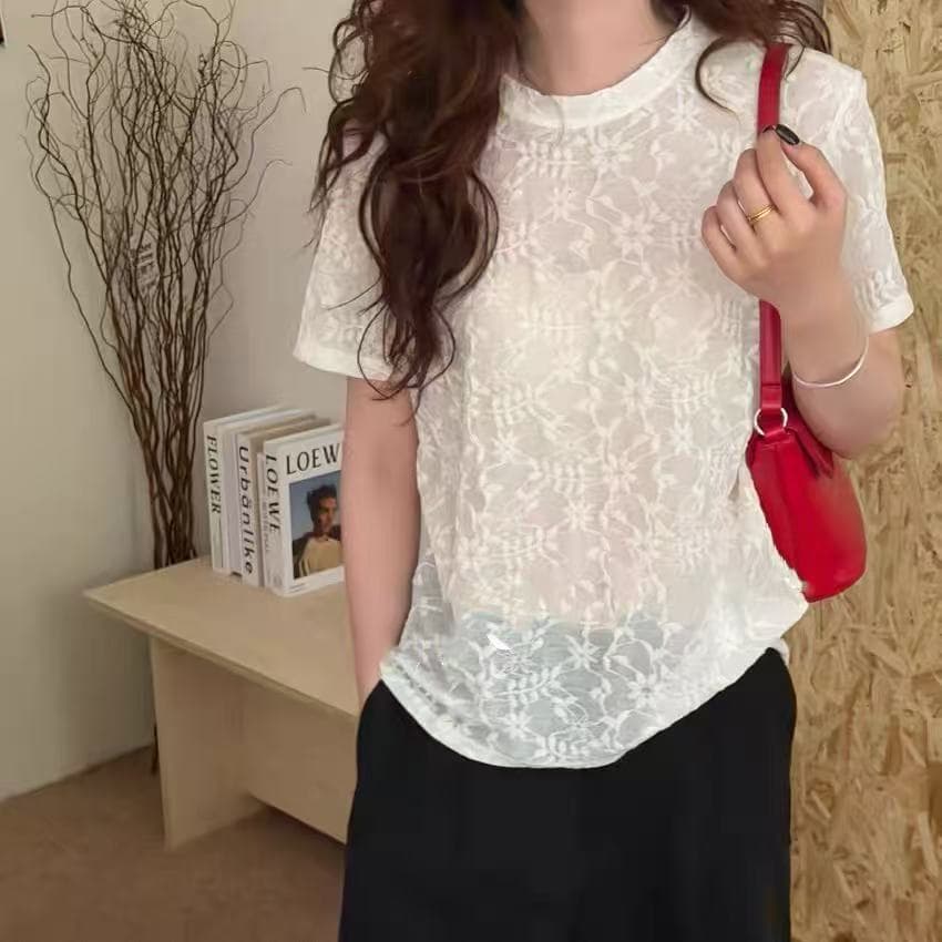 프랑스식 레이스 자카드 고급 센스 품격 반팔 니트 티셔츠 여성 여름 새로운 외국 가스 긍정적 인 어깨 얇고 가벼운 맨위 상세 이미지 1