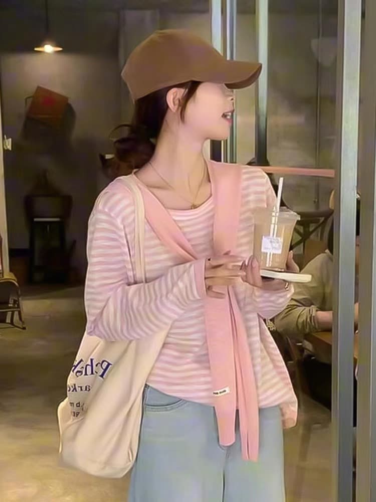 한 부서 미니멀리즘 숄 투피스 세트 니트 스웨터 여성 봄 여름 작은 청신 루즈핏 다용도 스트라이프 맨위 상세 이미지 8