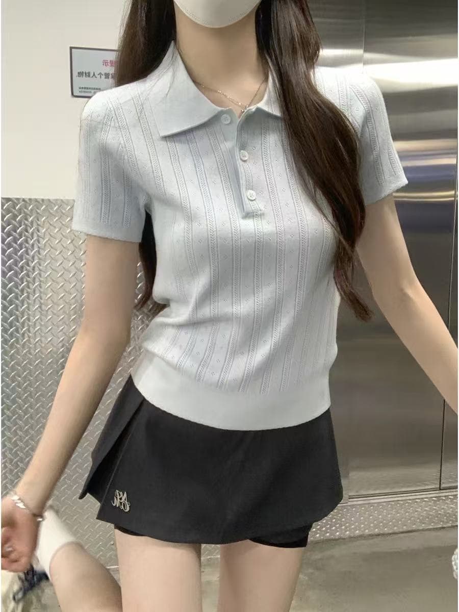 여름 자이언트 잘 생긴 ~ 중 차가운 센스 POLO 칼라 얼음 실크 니트 반팔 티셔츠 여성 한 부서 chic Chic 작은 셔츠 맨위