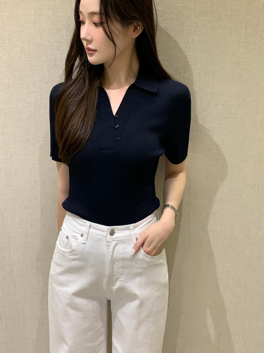 한국 chic 여름 새로운 한 부서 V넥 비스듬한 단추 다용도 반팔 니트 스웨터 이미지 3