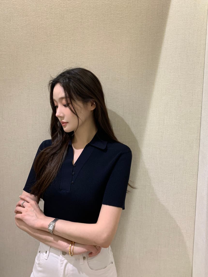 한국 chic 여름 새로운 한 부서 V넥 비스듬한 단추 다용도 반팔 니트 스웨터 상세 이미지 11