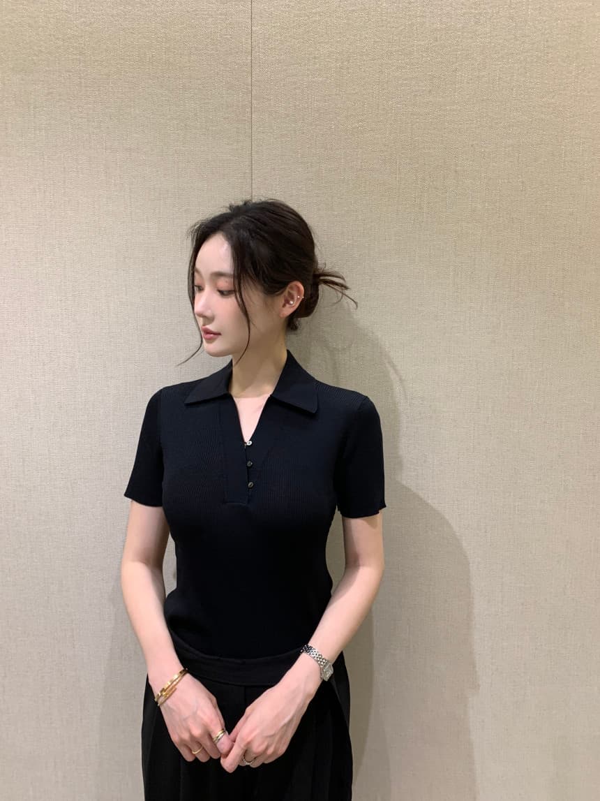 한국 chic 여름 새로운 한 부서 V넥 비스듬한 단추 다용도 반팔 니트 스웨터 상세 이미지 22
