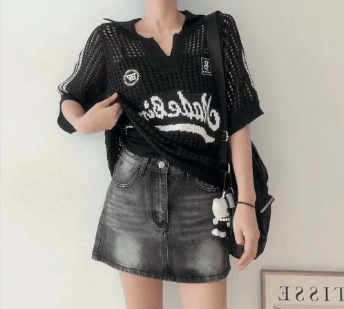 여름 디자인 센스 홀로우 아웃 메쉬 디자인 센스 아메리칸 운동 바람 루즈핏 폴로 칼라 반팔 얇은 스타일 니트 티셔츠 상세 이미지 6