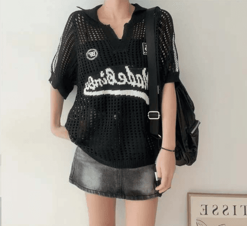 여름 디자인 센스 홀로우 아웃 메쉬 디자인 센스 아메리칸 운동 바람 루즈핏 폴로 칼라 반팔 얇은 스타일 니트 티셔츠 상세 이미지 8
