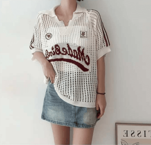 여름 디자인 센스 홀로우 아웃 메쉬 디자인 센스 아메리칸 운동 바람 루즈핏 폴로 칼라 반팔 얇은 스타일 니트 티셔츠 상세 이미지 10
