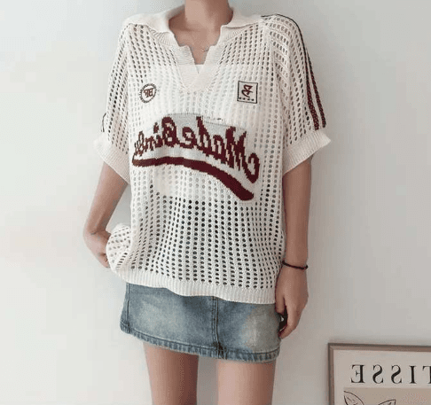 여름 디자인 센스 홀로우 아웃 메쉬 디자인 센스 아메리칸 운동 바람 루즈핏 폴로 칼라 반팔 얇은 스타일 니트 티셔츠 상세 이미지 11