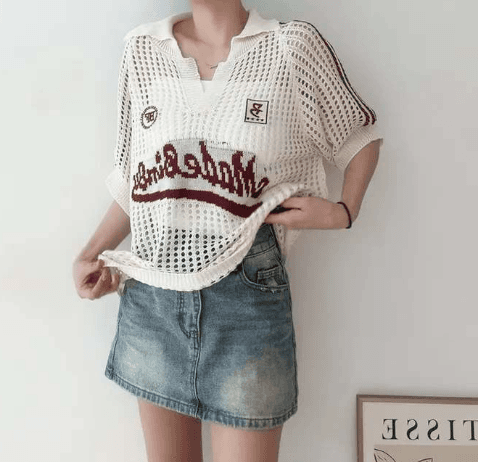 여름 디자인 센스 홀로우 아웃 메쉬 디자인 센스 아메리칸 운동 바람 루즈핏 폴로 칼라 반팔 얇은 스타일 니트 티셔츠 상세 이미지 12