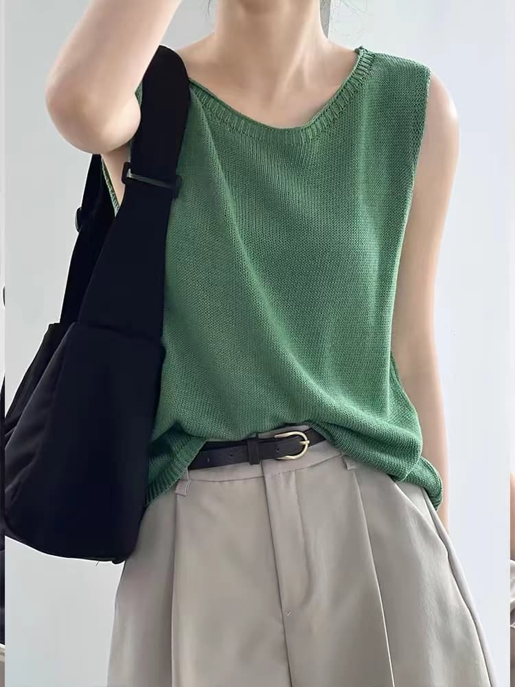 여성 아마 캐미솔 여름 외출용 인사이드 가져 가라. 2026 새로운 루즈핏 얇은 스타일 민소매 쇼트 스타일 니트 맨위 이미지 3