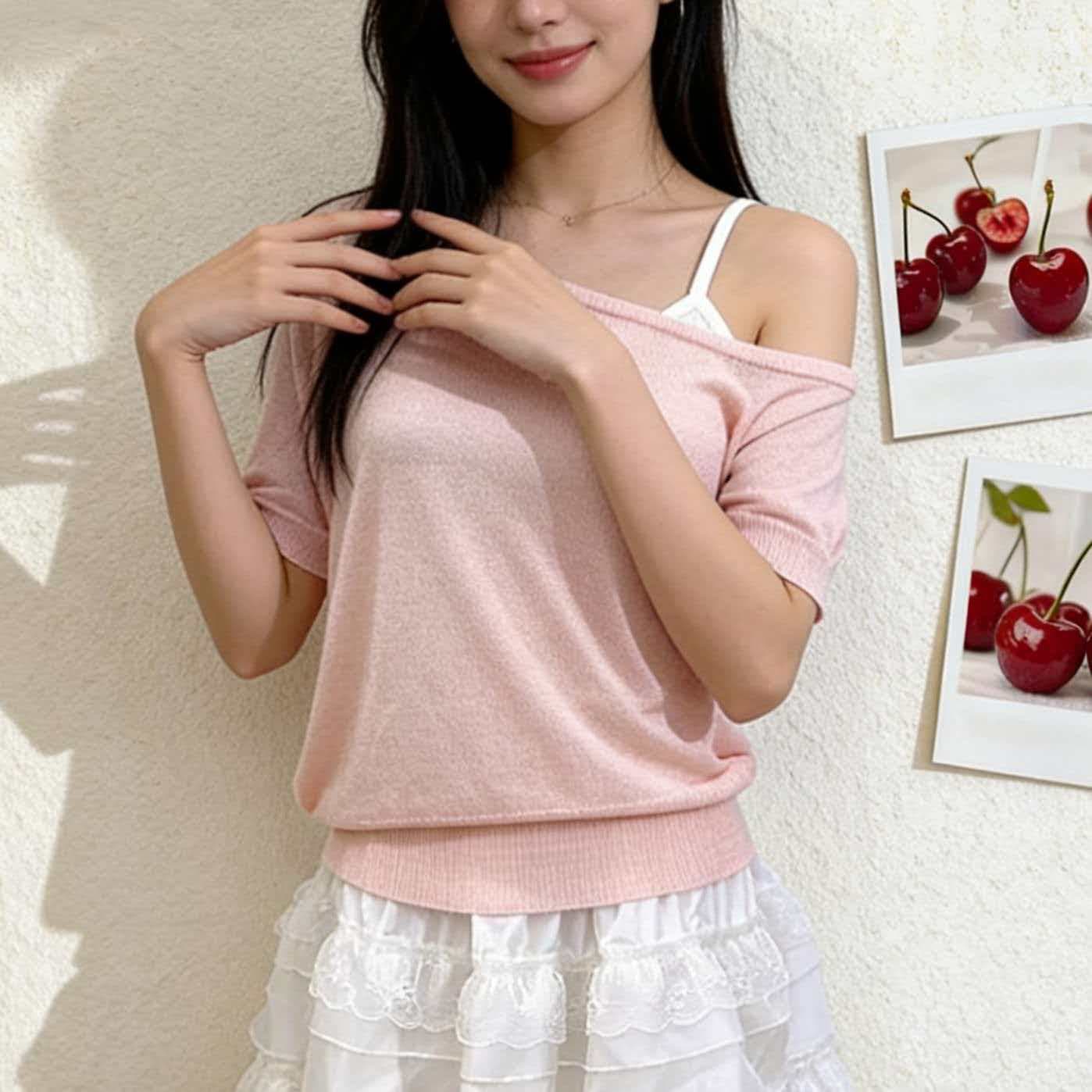 비스듬한 어깨 얇은 스타일 니트 반팔 여성 여름 디자인 센스 오프숄더 맨위 루즈핏 느긋한 바람 블라우스
