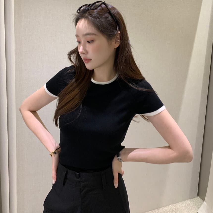 사이즈 업데이트 한국 chic 여름 새로운 얇은 스타일 프랑스식 배색 품격 반팔 니트 스웨터 이미지 5