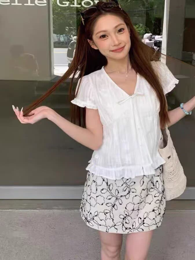 새로운 소매 정품 한 부서 여름 섹션 달콤함 자수 작은 꽃 패치워크 다용도 루즈핏 셔츠 여성 셔츠 이미지 3
