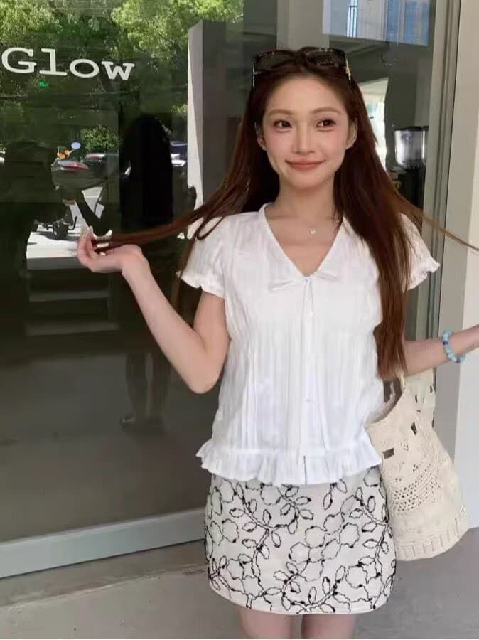 새로운 소매 정품 한 부서 여름 섹션 달콤함 자수 작은 꽃 패치워크 다용도 루즈핏 셔츠 여성 셔츠 상세 이미지 3